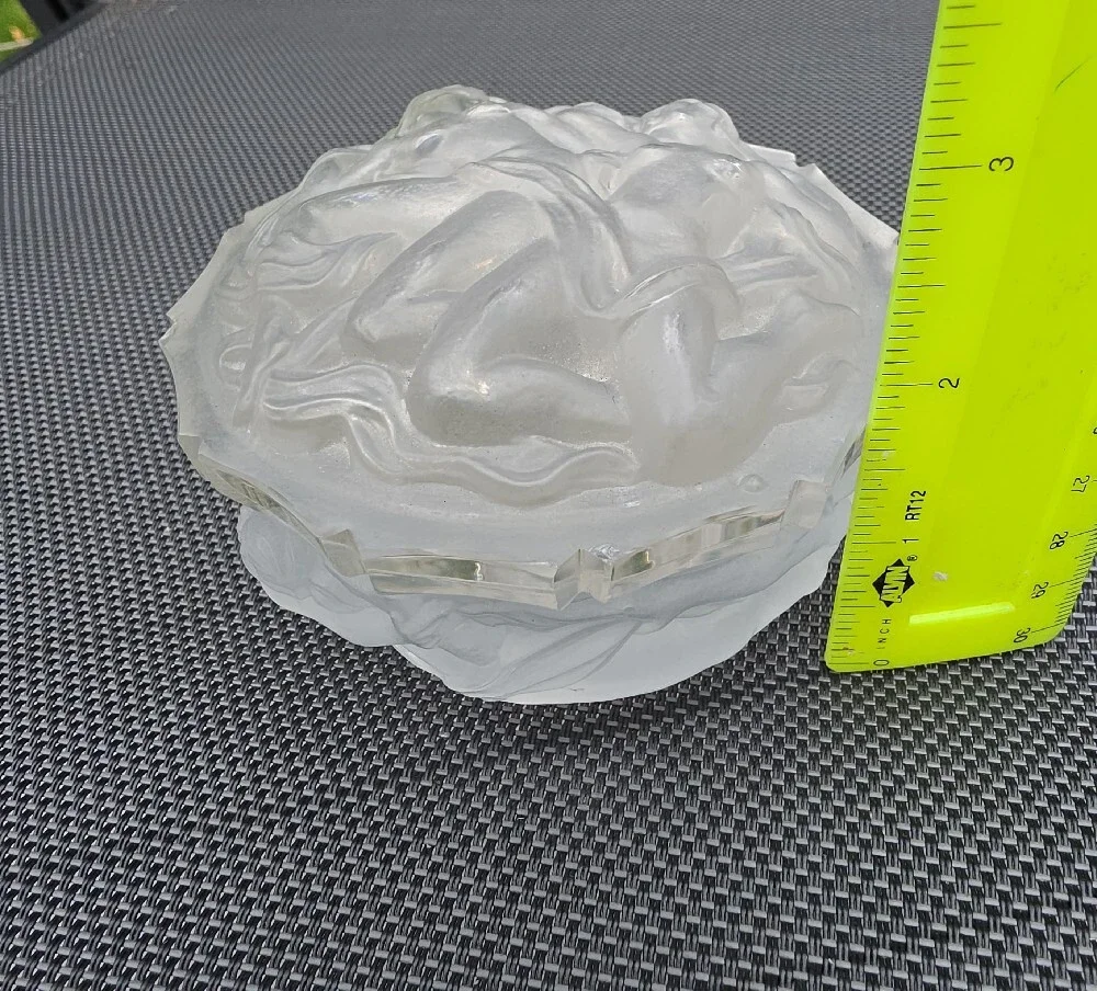 Vintage Czech Frosted Glass Powder Box Lid Art Deco Three Dancing Nymphs Nudes